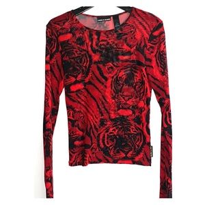 DKNY Jeans Red and Black Sheer Long Sleeve Tee